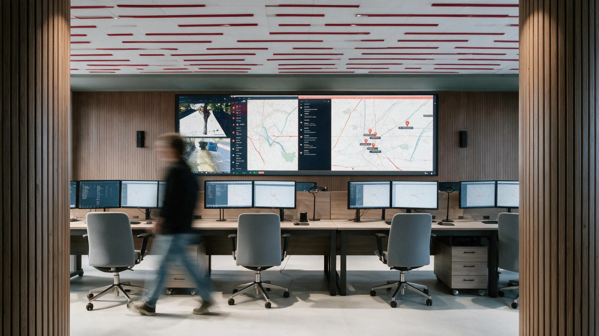Centro de control con videowall mostrando el mapa de la red