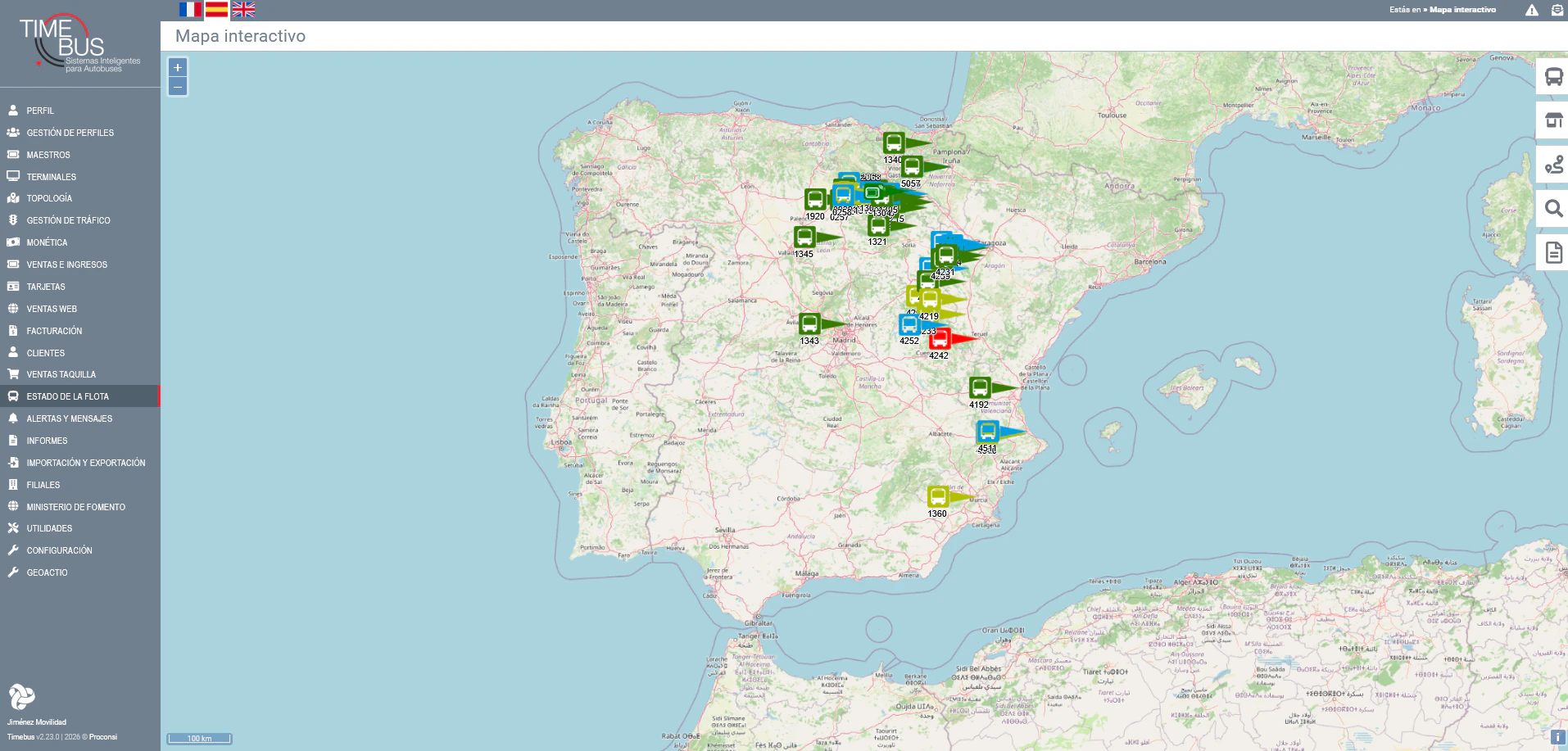 Mapa operativo de la flota con la predicción de paso en cada trayecto
