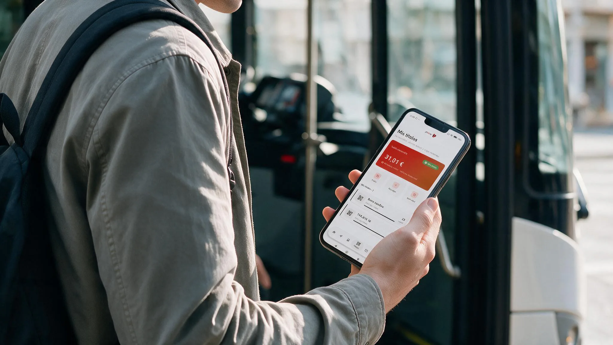 Pasajero consultando sus títulos en el móvil al subir al autobús