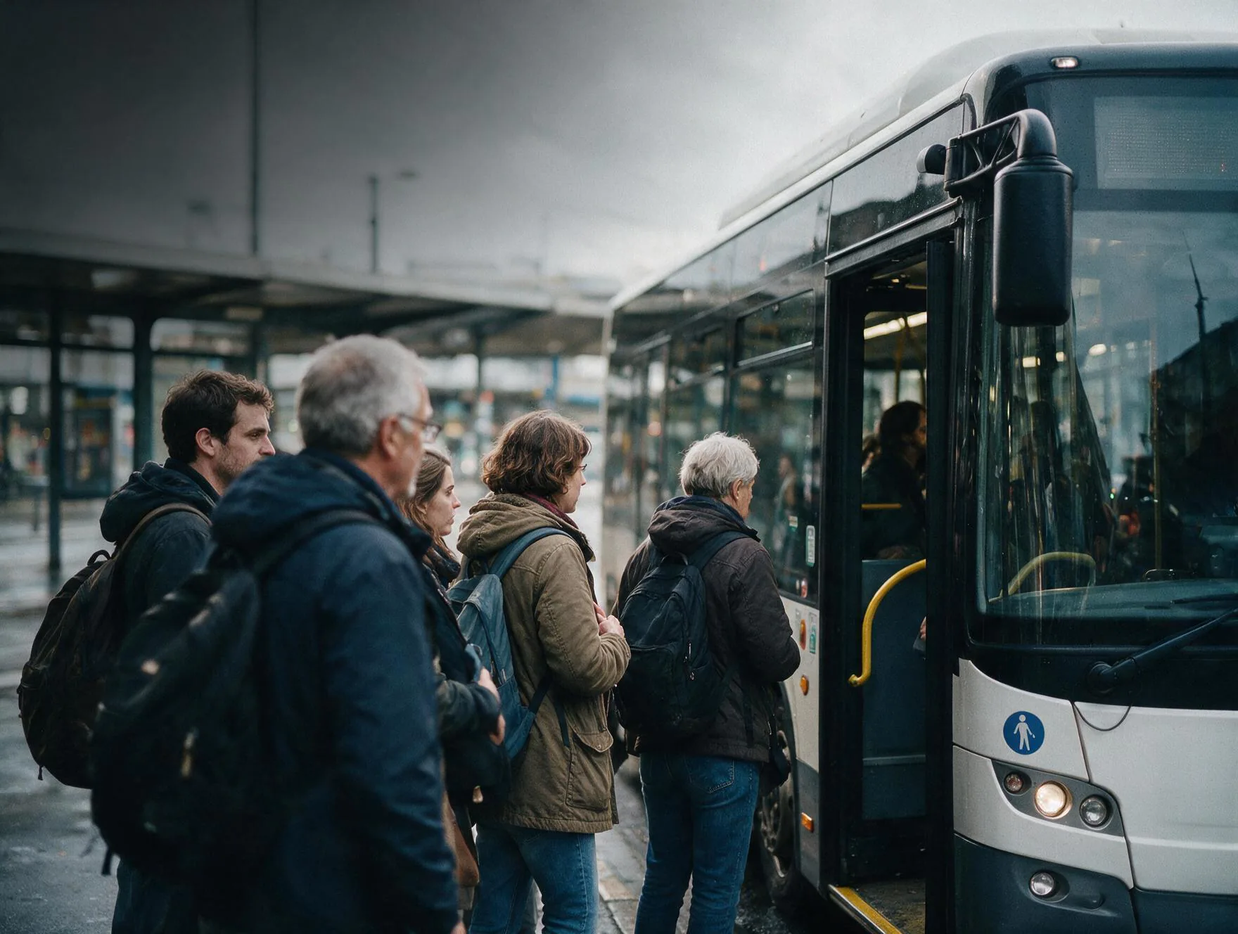 Viajeros esperando para subir por la puerta delantera de un autobús urbano