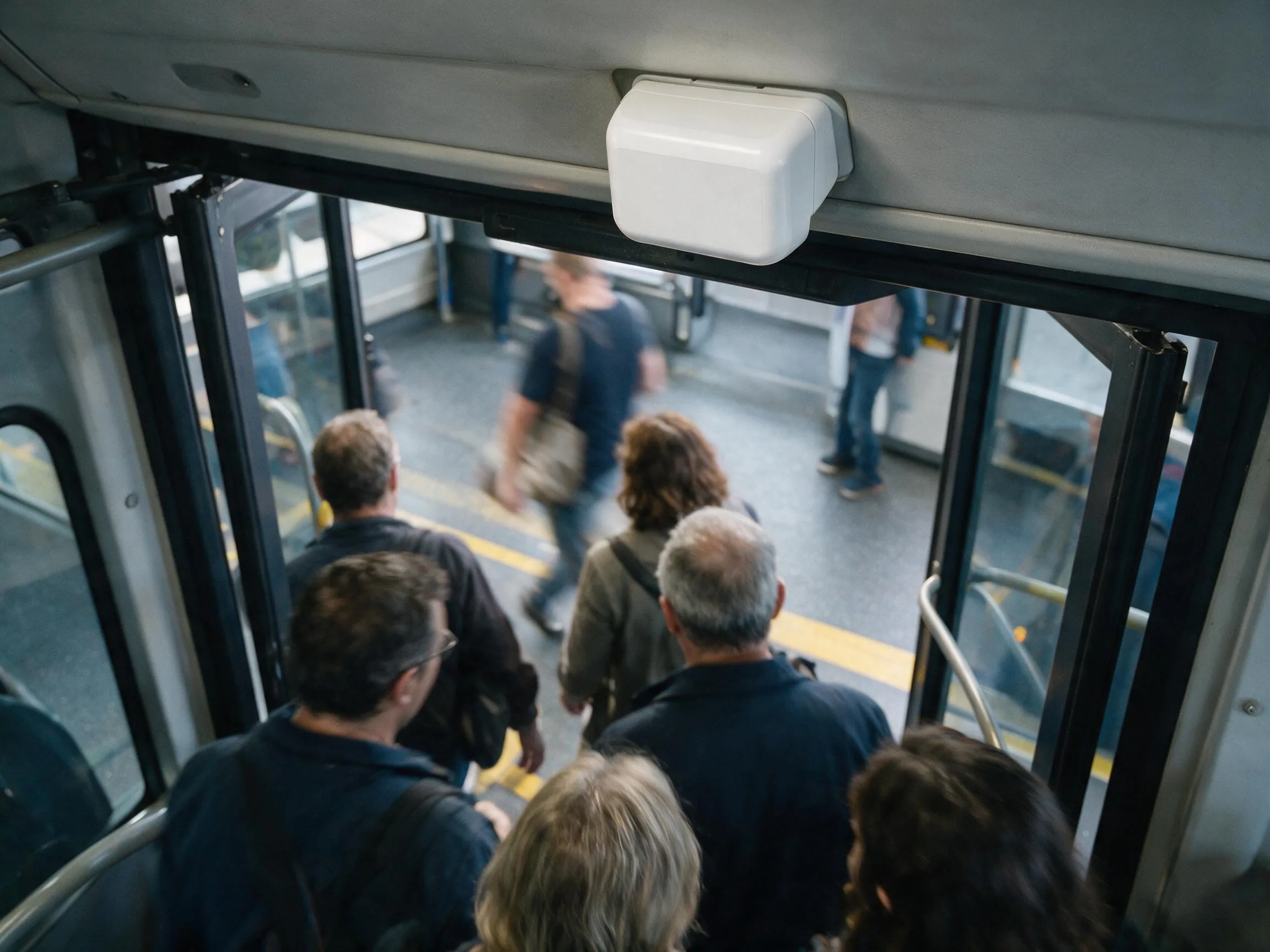 Sensor de conteo instalado sobre la puerta del autobús mientras bajan los viajeros