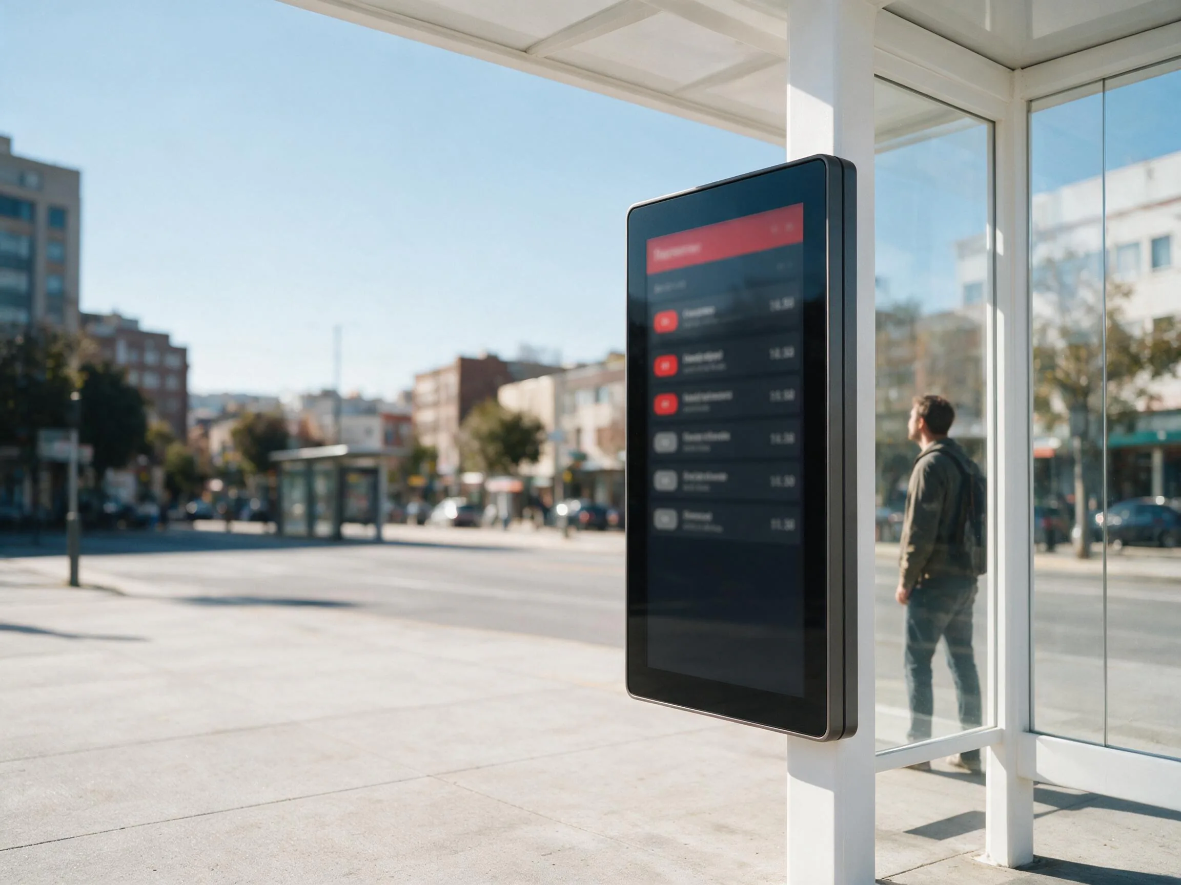 Viajeros consultando el panel de próximos pasos en la marquesina