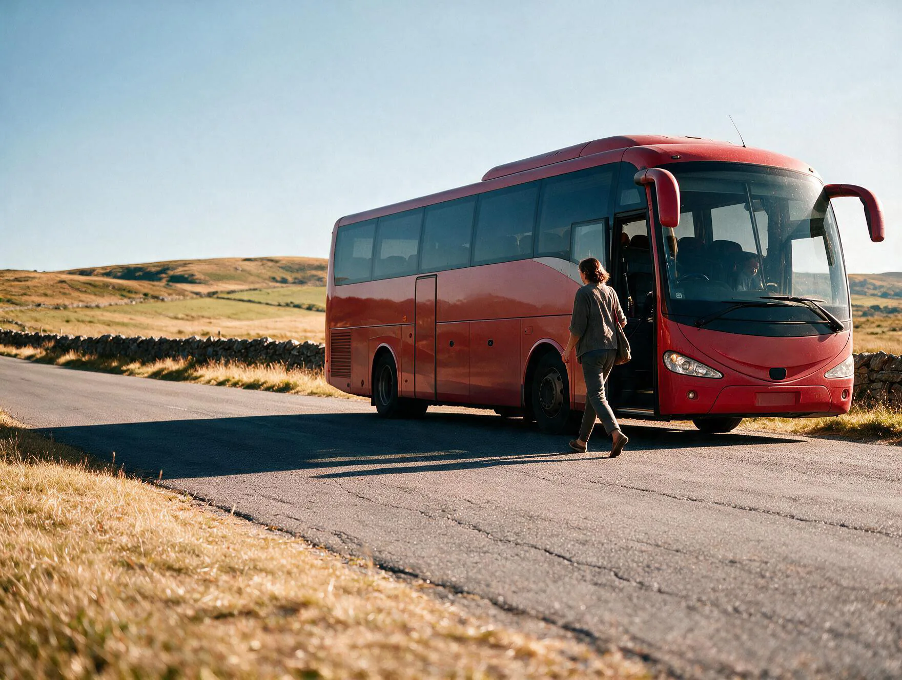 Viajera subiendo al autobús en una parada a demanda en carretera